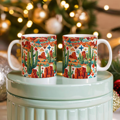 Arizona Desert Vibes Coffee Mug – Southwestern Cactus & Canyon Pattern | 11oz & 15oz Ceramic Gift for Nature Lovers & Travelers - Mallard Moon Gift Shop