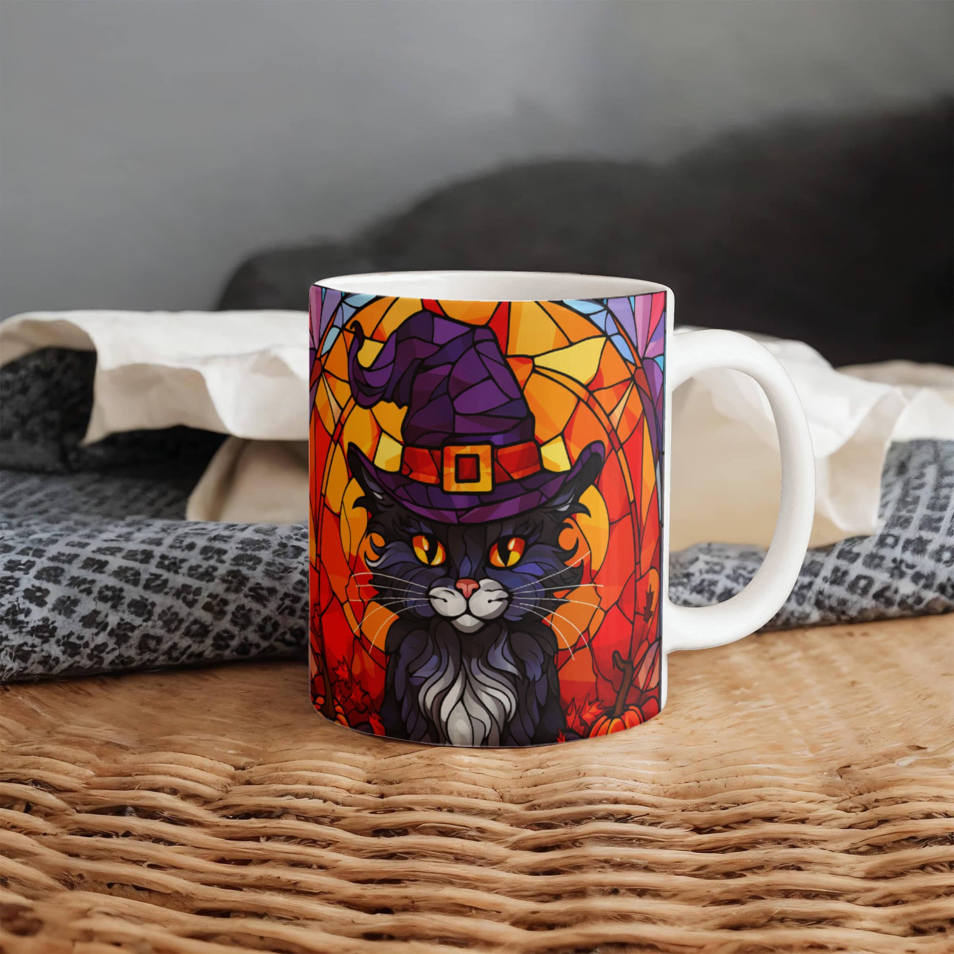 Halloween Black Cat Witch Stained Glass Mug – Spooky Fall Coffee Cup for Cat Lovers | Mallard Moon Gift Shop - Mallard Moon