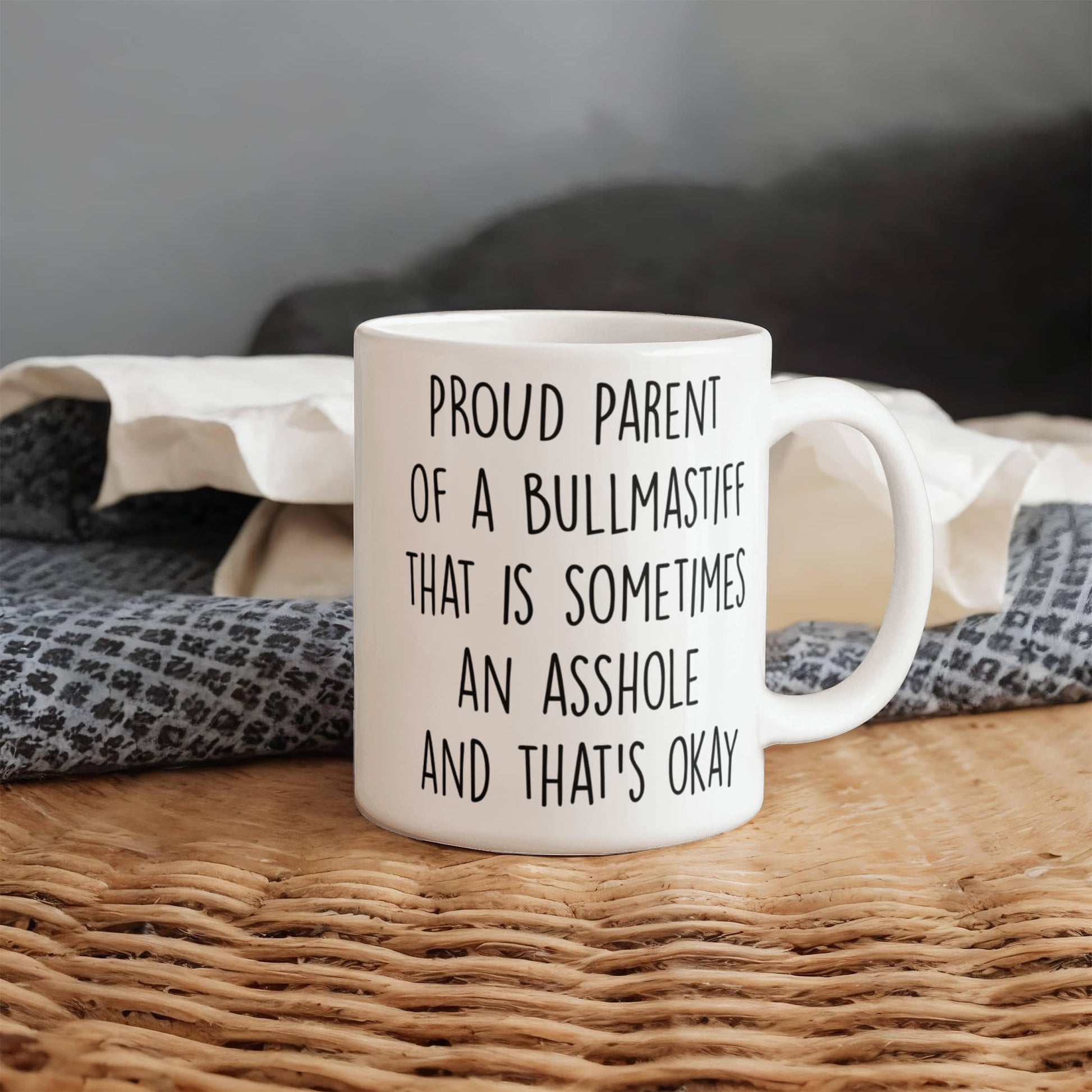 Funny Bullmastiff Dog Mom or Dad Mug – “Proud Parent of a Bullmastiff That Is Sometimes an Asshole” – White Ceramic Coffee Cup, 11oz or 15oz - Mallard Moon Gift Shop