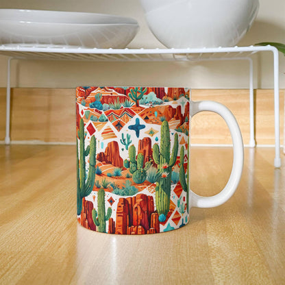 Arizona Desert Vibes Coffee Mug – Southwestern Cactus & Canyon Pattern | 11oz & 15oz Ceramic Gift for Nature Lovers & Travelers - Mallard Moon Gift Shop