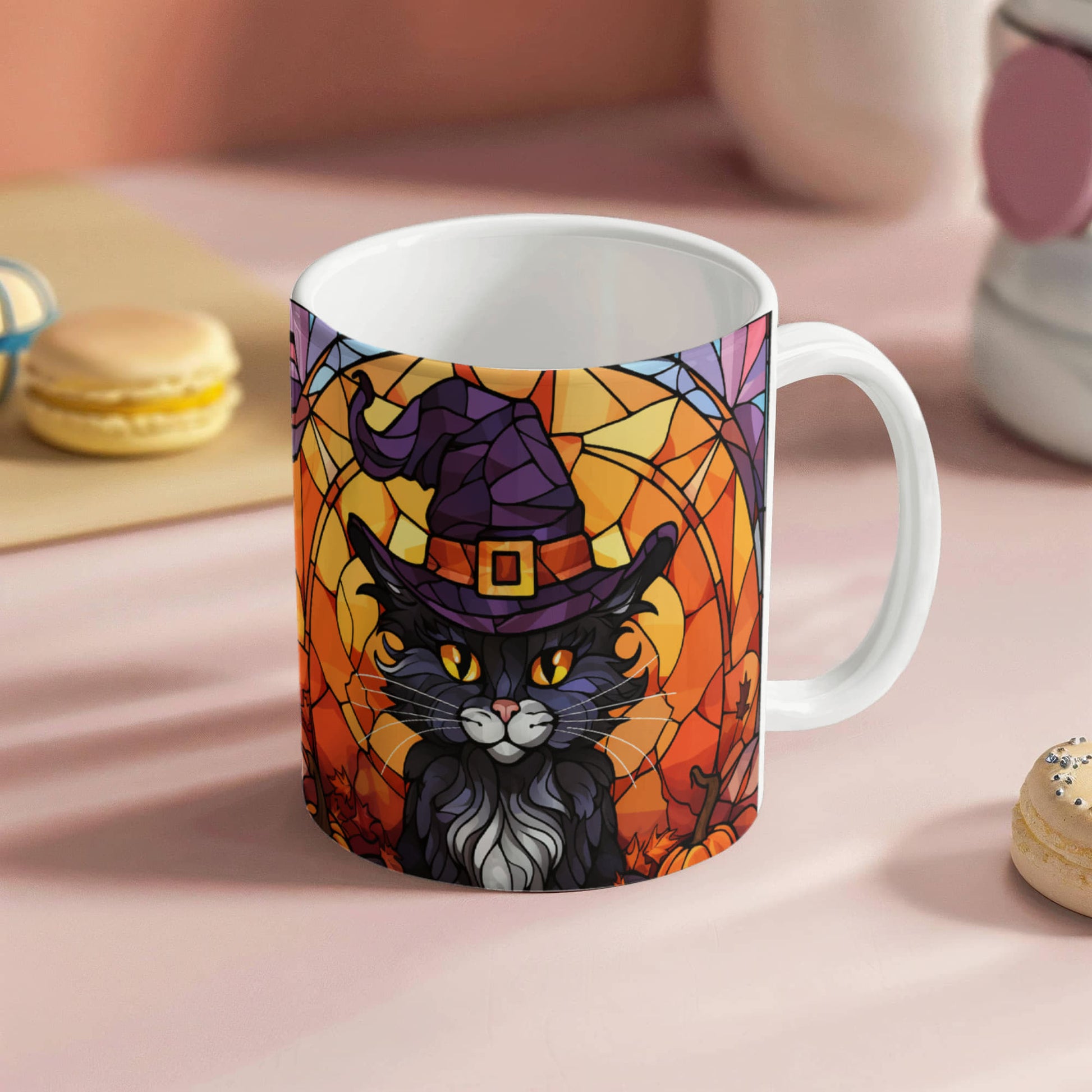 Halloween Black Cat Witch Stained Glass Mug – Spooky Fall Coffee Cup for Cat Lovers | Mallard Moon Gift Shop - Mallard Moon