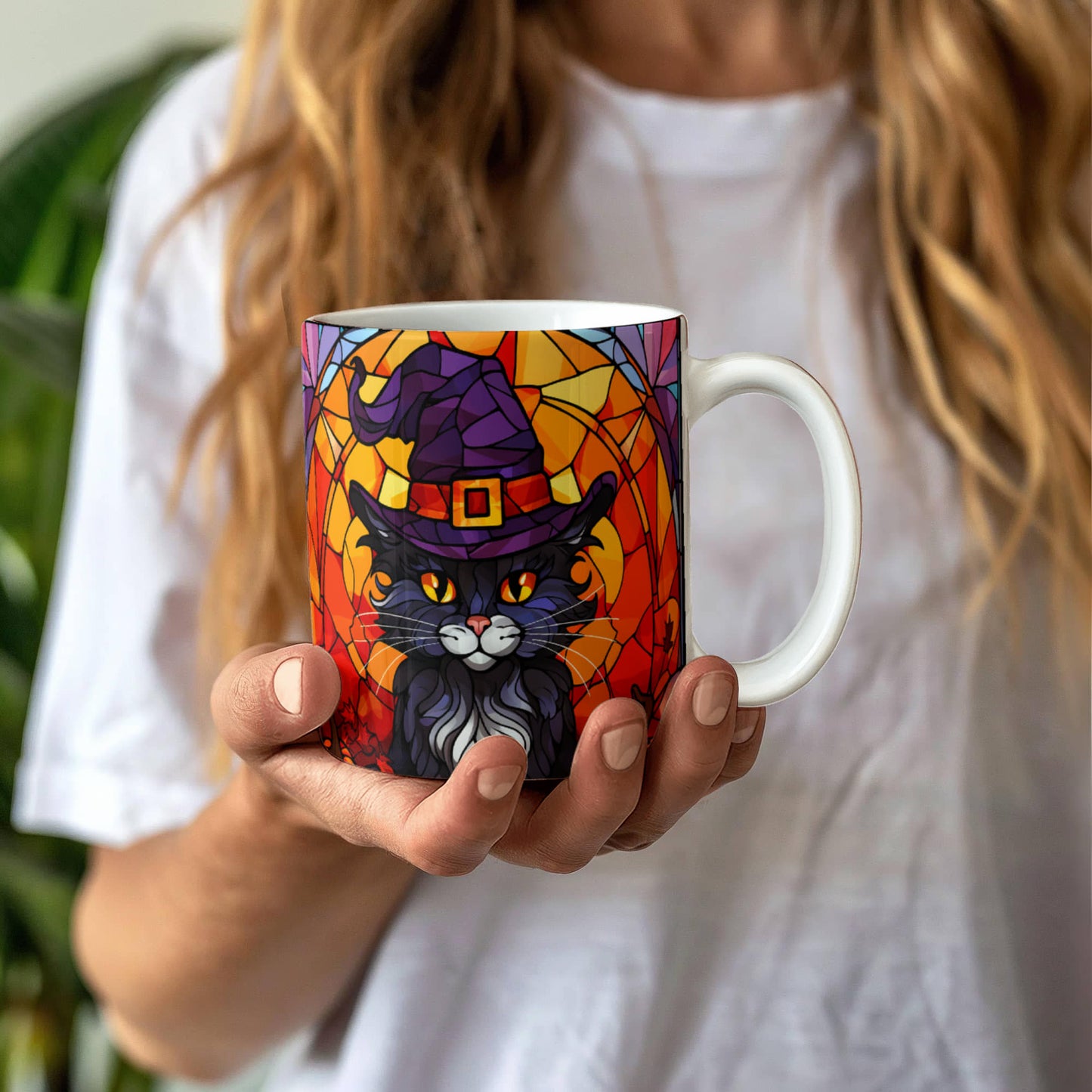 Halloween Black Cat Witch Stained Glass Mug – Spooky Fall Coffee Cup for Cat Lovers | Mallard Moon Gift Shop - Mallard Moon