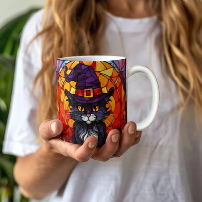 Halloween Black Cat Witch Stained Glass Mug – Spooky Fall Coffee Cup for Cat Lovers | Mallard Moon Gift Shop - Mallard Moon
