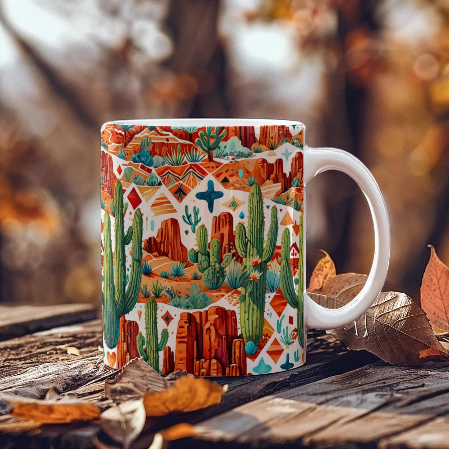 Arizona Desert Vibes Coffee Mug – Southwestern Cactus & Canyon Pattern | 11oz & 15oz Ceramic Gift for Nature Lovers & Travelers - Mallard Moon Gift Shop