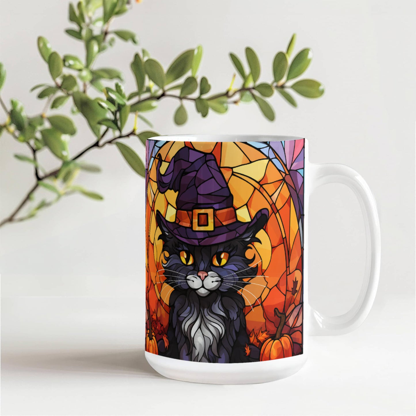Halloween Black Cat Witch Stained Glass Mug – Spooky Fall Coffee Cup for Cat Lovers | Mallard Moon Gift Shop - Mallard Moon