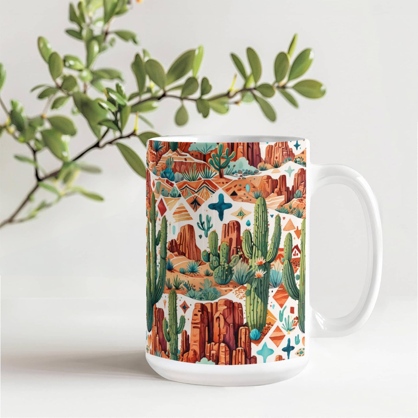 Arizona Desert Vibes Coffee Mug – Southwestern Cactus & Canyon Pattern | 11oz & 15oz Ceramic Gift for Nature Lovers & Travelers - Mallard Moon Gift Shop