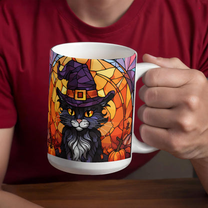 Halloween Black Cat Witch Stained Glass Mug – Spooky Fall Coffee Cup for Cat Lovers | Mallard Moon Gift Shop - Mallard Moon