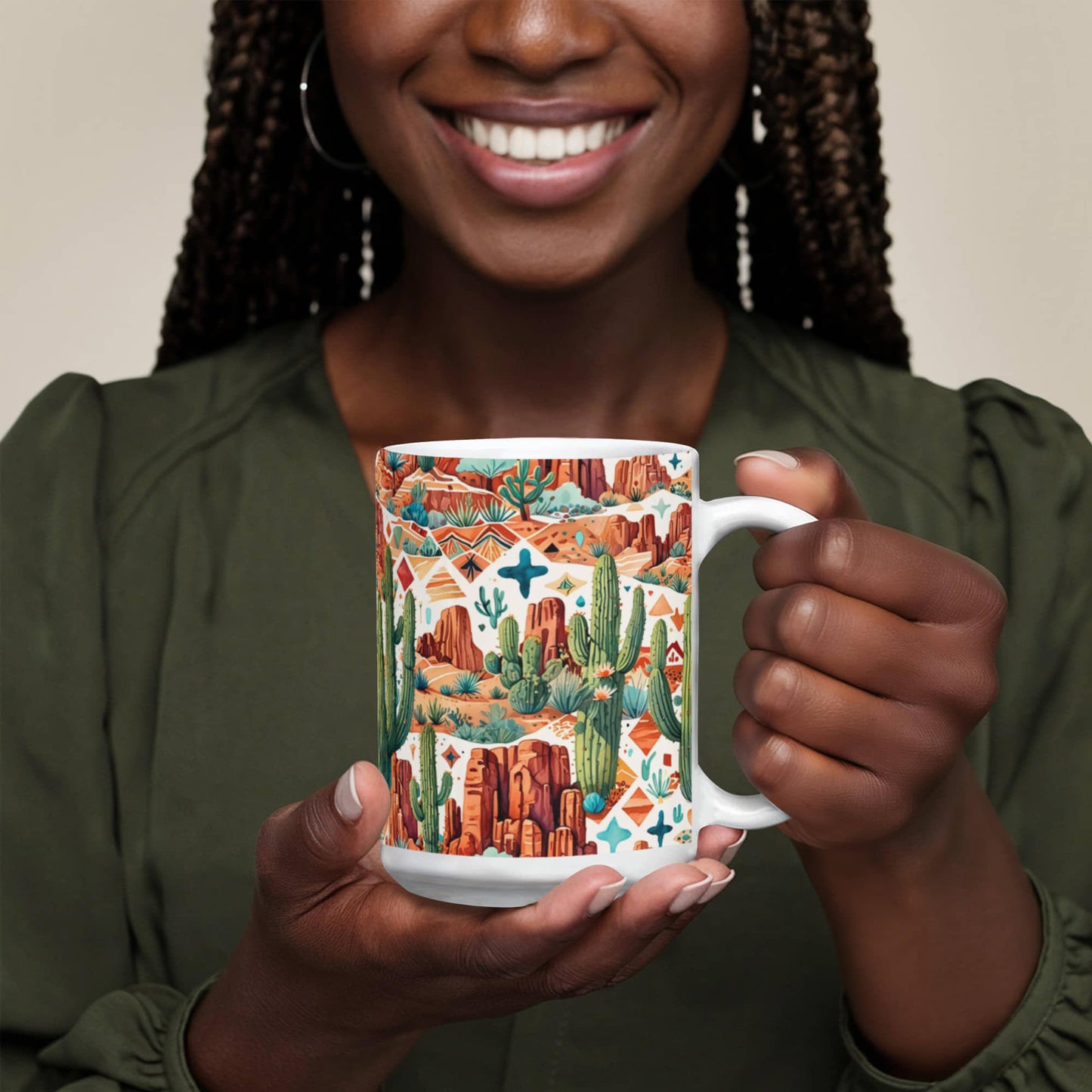 Arizona Desert Vibes Coffee Mug – Southwestern Cactus & Canyon Pattern | 11oz & 15oz Ceramic Gift for Nature Lovers & Travelers - Mallard Moon Gift Shop