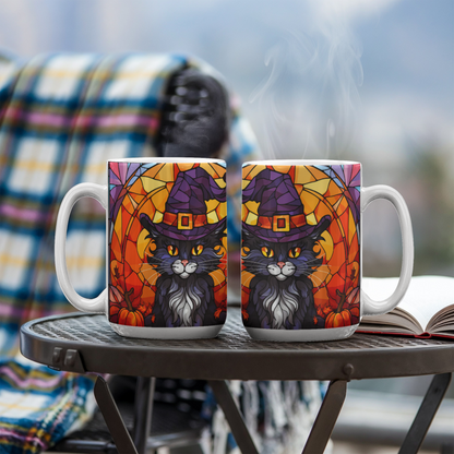 Halloween Black Cat Witch Stained Glass Mug – Spooky Fall Coffee Cup for Cat Lovers | Mallard Moon Gift Shop - Mallard Moon