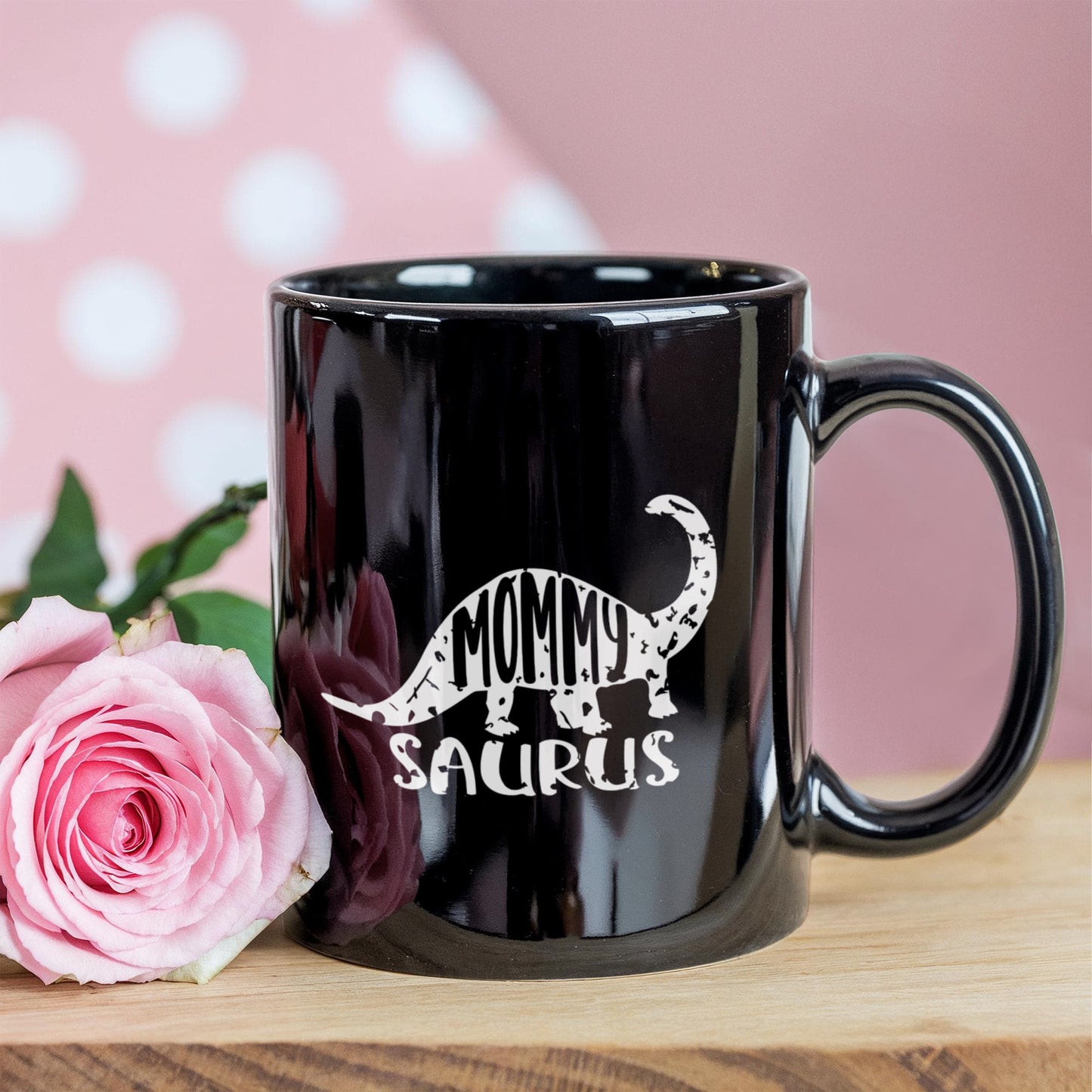 Mommy Saurus Dinosaur Mug – Funny Gift for Moms – Black Ceramic Coffee Mug - Mallard Moon Gift Shop