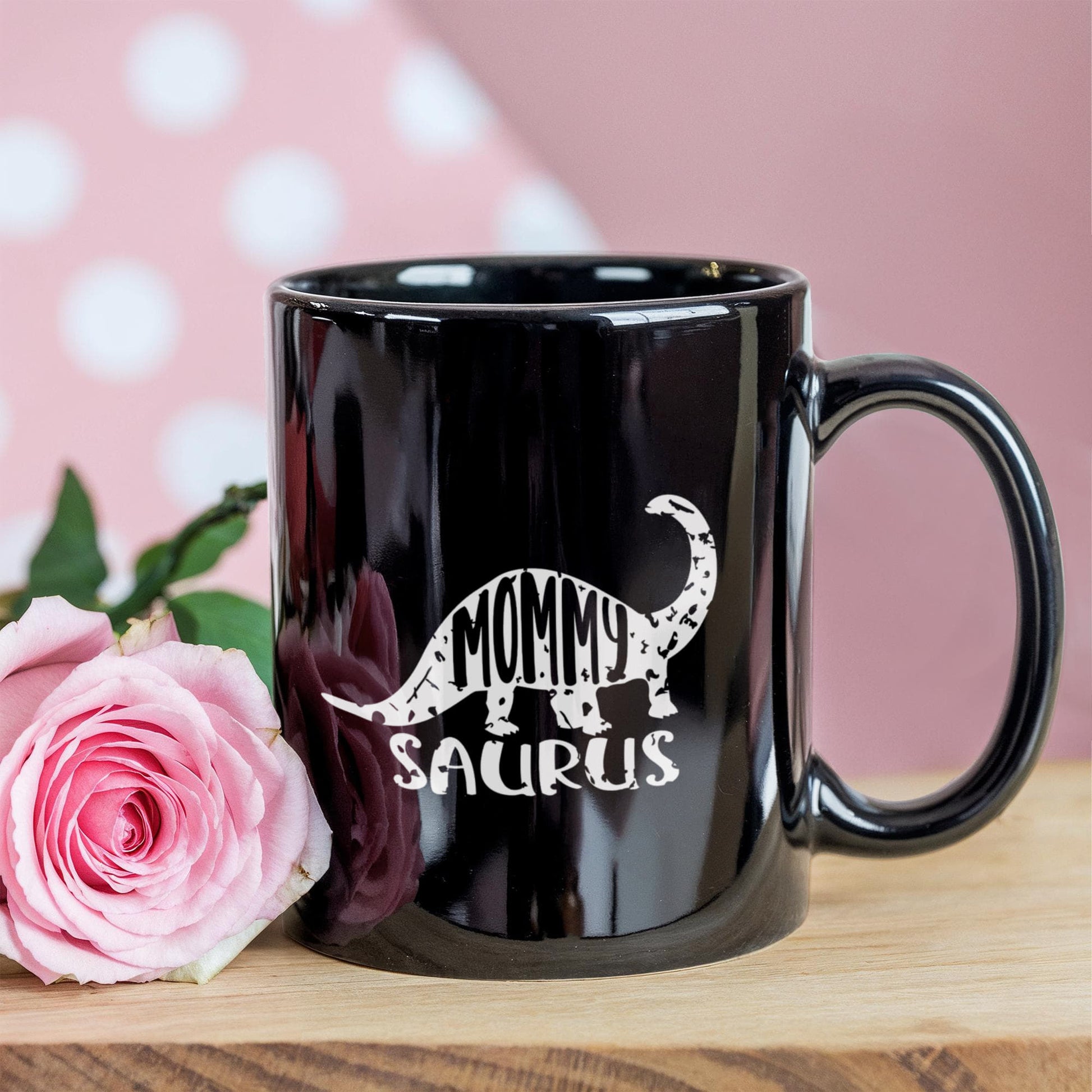 Mommy Saurus Dinosaur Mug – Funny Gift for Moms – Black Ceramic Coffee Mug - Mallard Moon Gift Shop