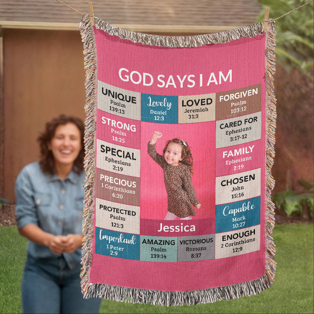 God Says I Am Personalized Woven Blanket – Custom Name & Photo – Christian Throw Blanket with Bible Verses – Faith Gift for Daughter, Granddaughter, Niece, or Goddaughter - Mallard Moon Gift Shop