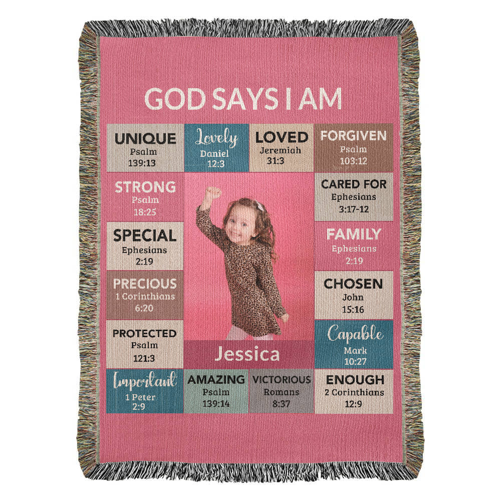 God Says I Am Personalized Woven Blanket – Custom Name & Photo – Christian Throw Blanket with Bible Verses – Faith Gift for Daughter, Granddaughter, Niece, or Goddaughter - Mallard Moon Gift Shop