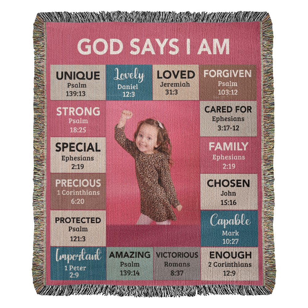 God Says I Am Personalized Woven Blanket – Custom Name & Photo – Christian Throw Blanket with Bible Verses – Faith Gift for Daughter, Granddaughter, Niece, or Goddaughter - Mallard Moon Gift Shop
