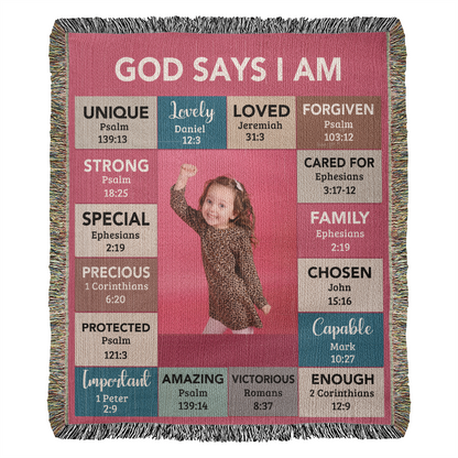 God Says I Am Personalized Woven Blanket – Custom Name & Photo – Christian Throw Blanket with Bible Verses – Faith Gift for Daughter, Granddaughter, Niece, or Goddaughter - Mallard Moon Gift Shop