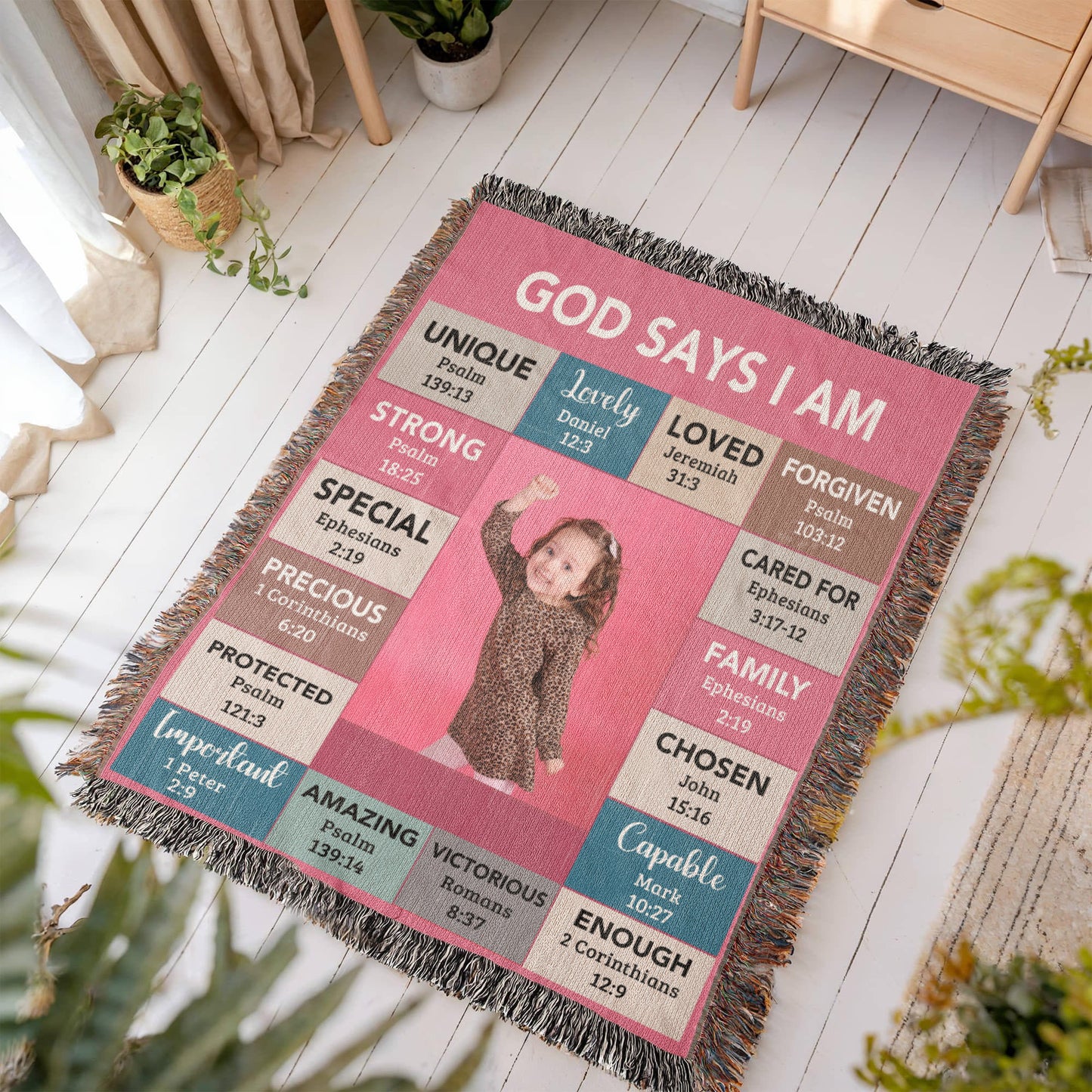 God Says I Am Personalized Woven Blanket – Custom Name & Photo – Christian Throw Blanket with Bible Verses – Faith Gift for Daughter, Granddaughter, Niece, or Goddaughter - Mallard Moon Gift Shop