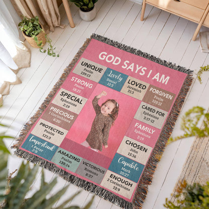 God Says I Am Personalized Woven Blanket – Custom Name & Photo – Christian Throw Blanket with Bible Verses – Faith Gift for Daughter, Granddaughter, Niece, or Goddaughter - Mallard Moon Gift Shop
