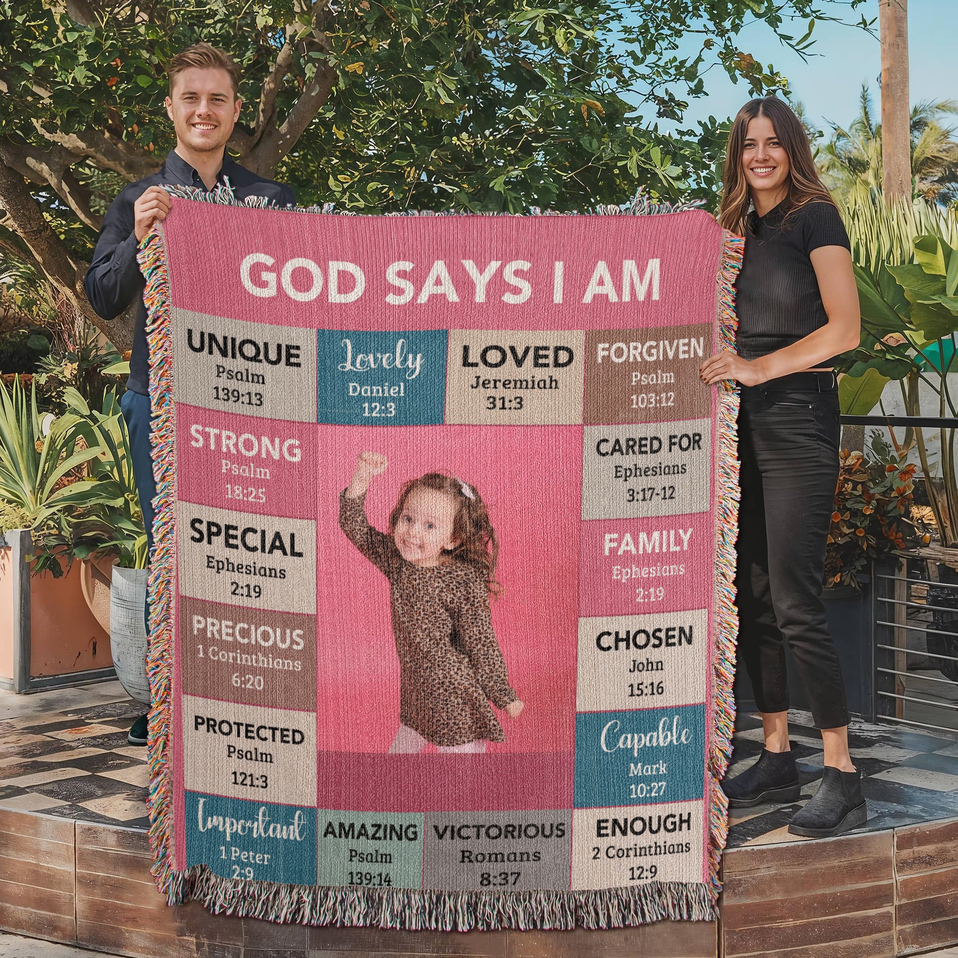 God Says I Am Personalized Woven Blanket – Custom Name & Photo – Christian Throw Blanket with Bible Verses – Faith Gift for Daughter, Granddaughter, Niece, or Goddaughter - Mallard Moon Gift Shop
