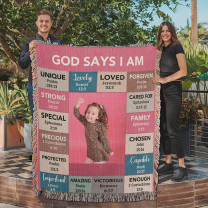 God Says I Am Personalized Woven Blanket – Custom Name & Photo – Christian Throw Blanket with Bible Verses – Faith Gift for Daughter, Granddaughter, Niece, or Goddaughter - Mallard Moon Gift Shop
