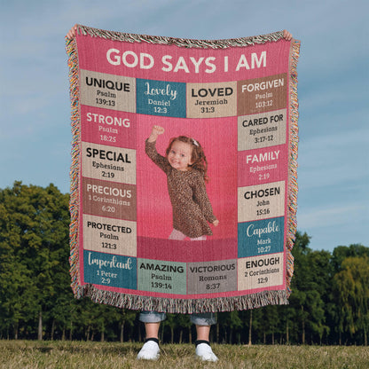 God Says I Am Personalized Woven Blanket – Custom Name & Photo – Christian Throw Blanket with Bible Verses – Faith Gift for Daughter, Granddaughter, Niece, or Goddaughter - Mallard Moon Gift Shop