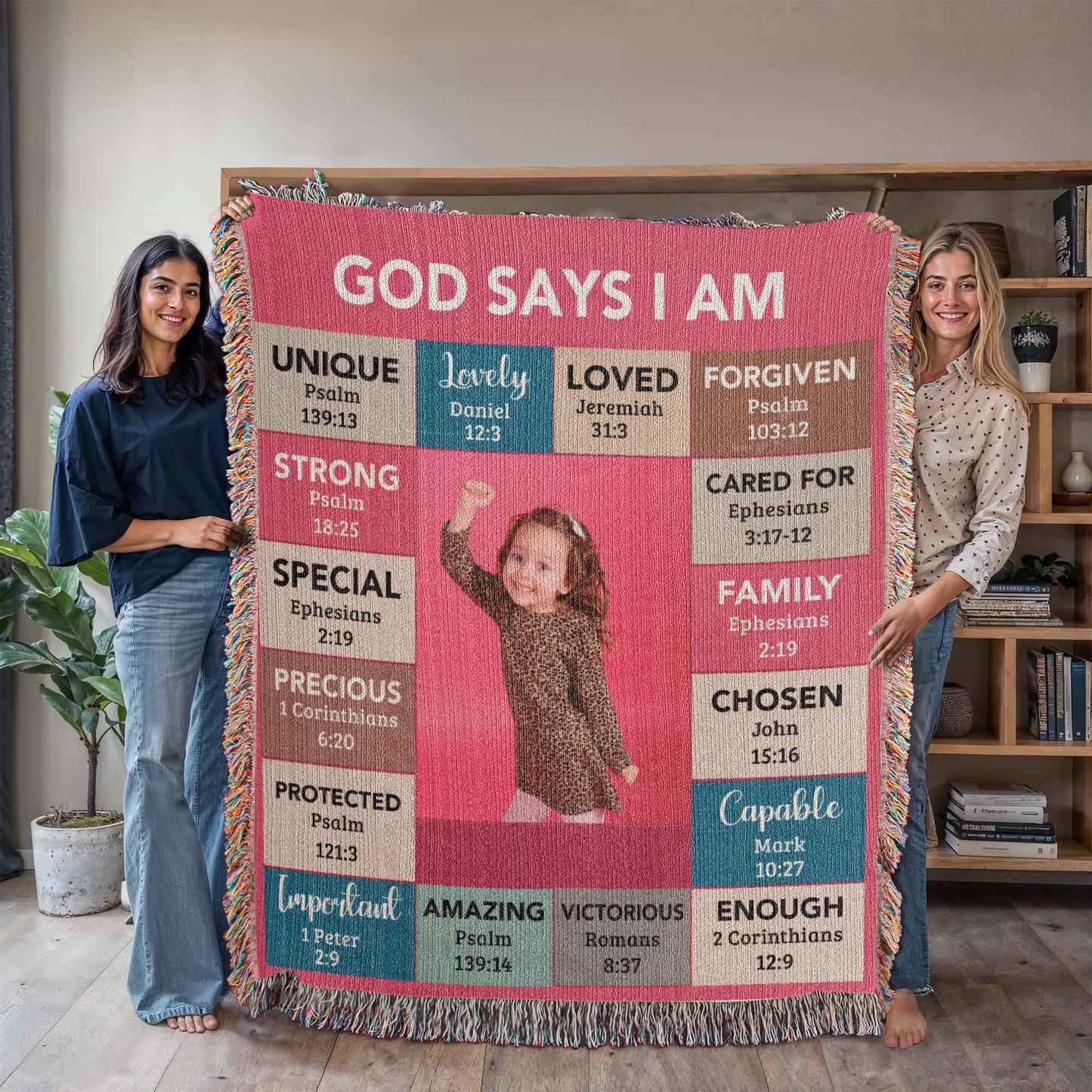 God Says I Am Personalized Woven Blanket – Custom Name & Photo – Christian Throw Blanket with Bible Verses – Faith Gift for Daughter, Granddaughter, Niece, or Goddaughter - Mallard Moon Gift Shop