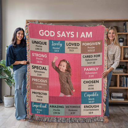 God Says I Am Personalized Woven Blanket – Custom Name & Photo – Christian Throw Blanket with Bible Verses – Faith Gift for Daughter, Granddaughter, Niece, or Goddaughter - Mallard Moon Gift Shop