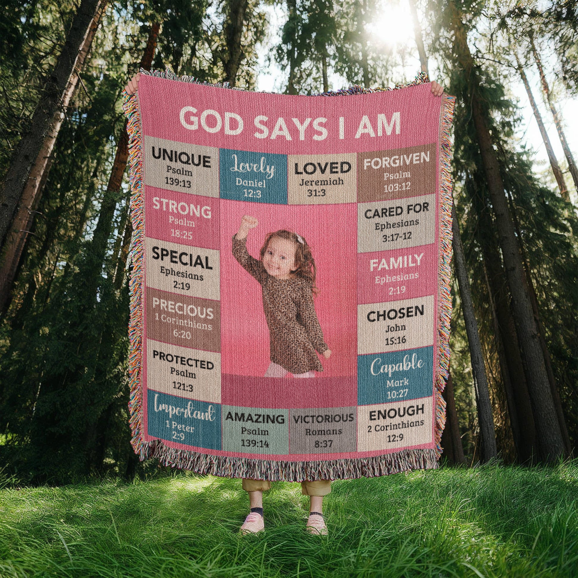 God Says I Am Personalized Woven Blanket – Custom Name & Photo – Christian Throw Blanket with Bible Verses – Faith Gift for Daughter, Granddaughter, Niece, or Goddaughter - Mallard Moon Gift Shop