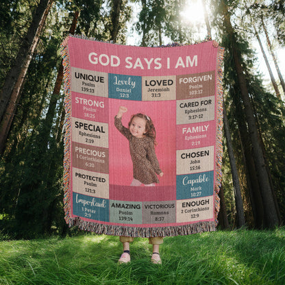 God Says I Am Personalized Woven Blanket – Custom Name & Photo – Christian Throw Blanket with Bible Verses – Faith Gift for Daughter, Granddaughter, Niece, or Goddaughter - Mallard Moon Gift Shop