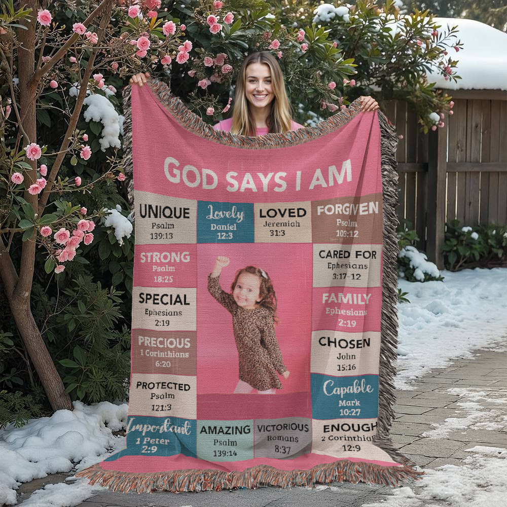 God Says I Am Personalized Woven Blanket – Custom Name & Photo – Christian Throw Blanket with Bible Verses – Faith Gift for Daughter, Granddaughter, Niece, or Goddaughter - Mallard Moon Gift Shop