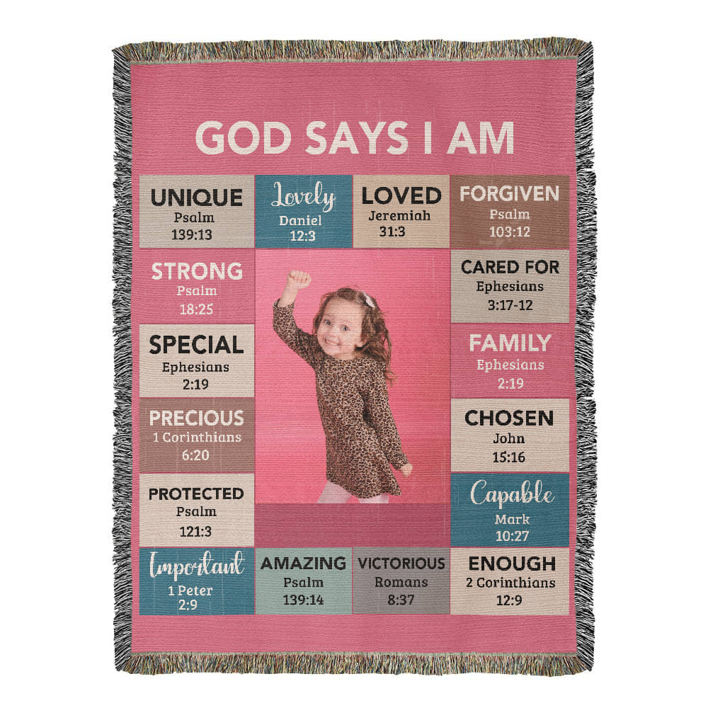 God Says I Am Personalized Woven Blanket – Custom Name & Photo – Christian Throw Blanket with Bible Verses – Faith Gift for Daughter, Granddaughter, Niece, or Goddaughter - Mallard Moon Gift Shop