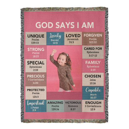 God Says I Am Personalized Woven Blanket – Custom Name & Photo – Christian Throw Blanket with Bible Verses – Faith Gift for Daughter, Granddaughter, Niece, or Goddaughter - Mallard Moon Gift Shop