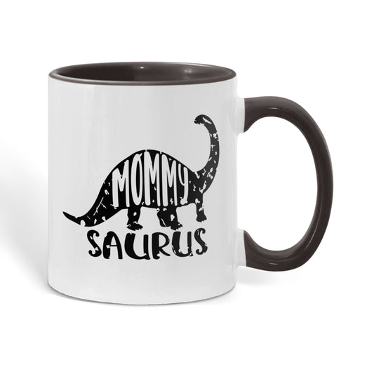 Mommy Saurus Dinosaur Mug – Funny Gift for Moms – Two Tone Color Accent Ceramic Coffee Mugs - Mallard Moon Gift Shop