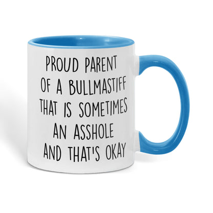 Funny Bullmastiff Dog Parent Color Accent Mug – “Proud Parent of a Bullmastiff That Is Sometimes an Asshole” – Two-Tone Coffee Cup, 11oz or 15oz in 7 Colors - Mallard Moon Gift Shop