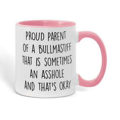 Funny Bullmastiff Dog Parent Color Accent Mug – “Proud Parent of a Bullmastiff That Is Sometimes an Asshole” – Two-Tone Coffee Cup, 11oz or 15oz in 7 Colors - Mallard Moon Gift Shop