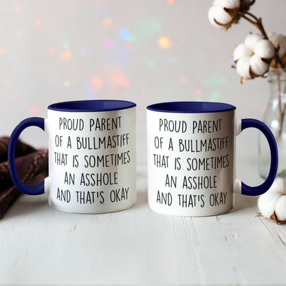 Funny Bullmastiff Dog Parent Color Accent Mug – “Proud Parent of a Bullmastiff That Is Sometimes an Asshole” – Two-Tone Coffee Cup, 11oz or 15oz in 7 Colors - Mallard Moon Gift Shop