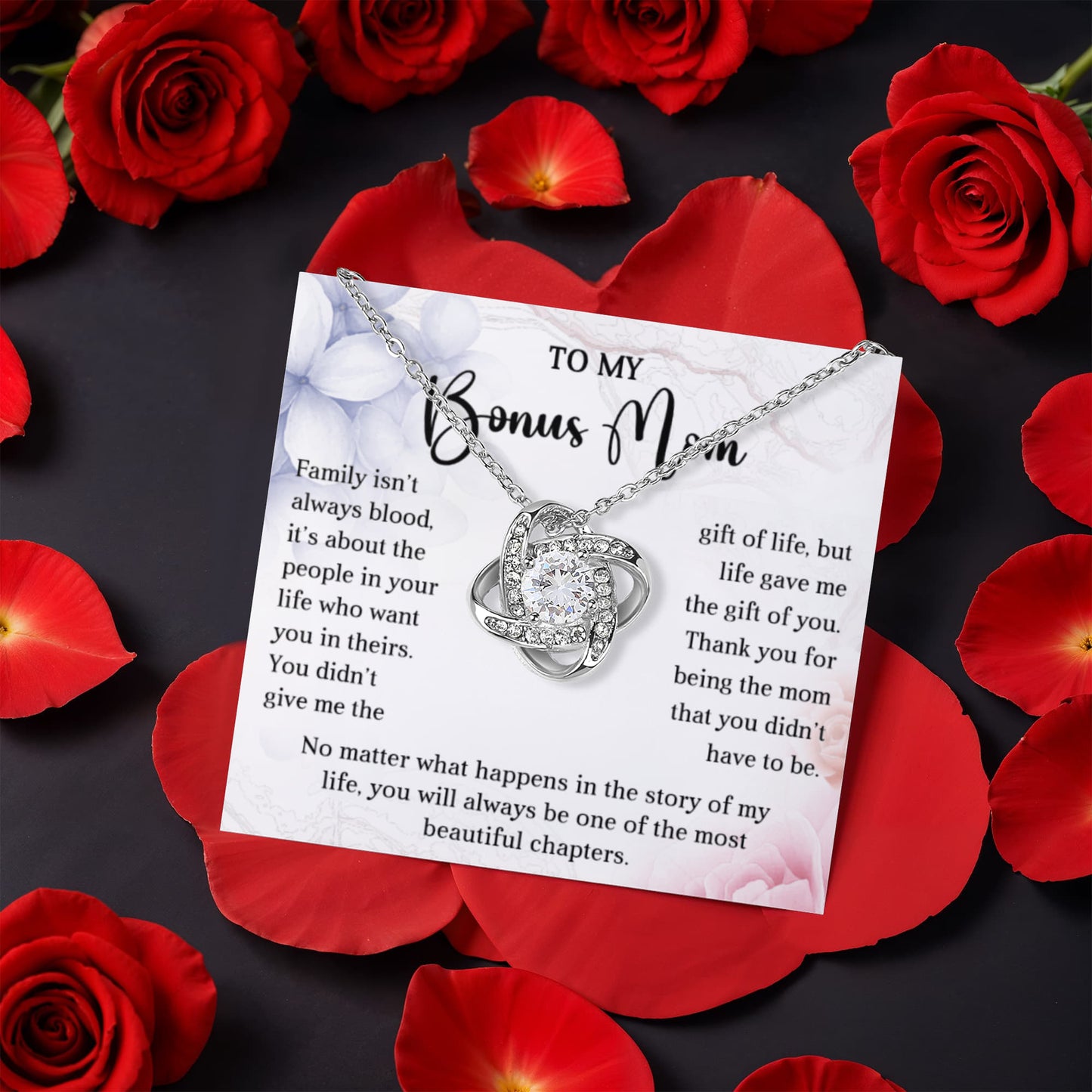 Gift for Your Bonus Mom - Beautiful Chapter - Love Knot Necklace with Rose Gift Gox - Mallard Moon Gift Shop