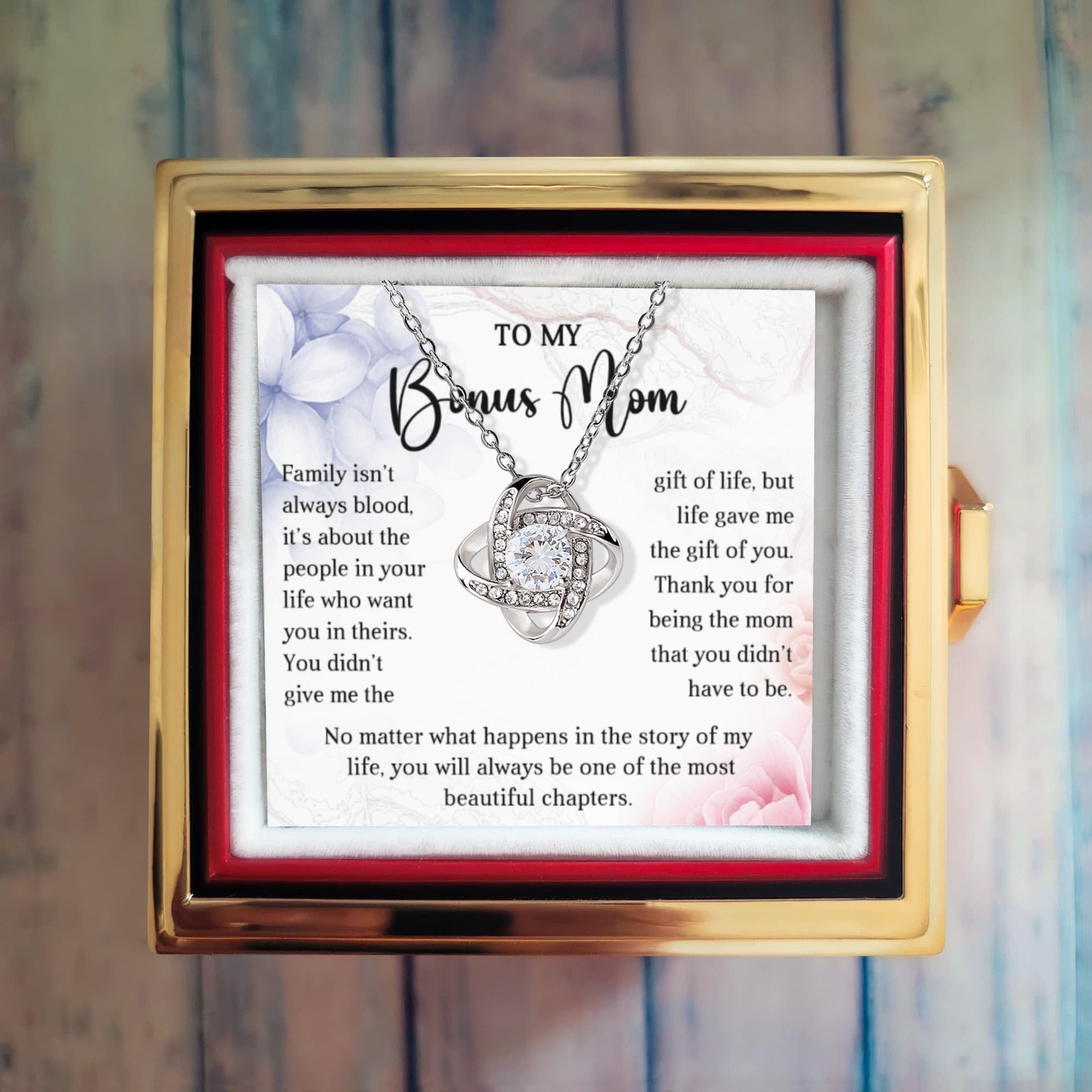 Gift for Your Bonus Mom - Beautiful Chapter - Love Knot Necklace with Rose Gift Gox - Mallard Moon Gift Shop