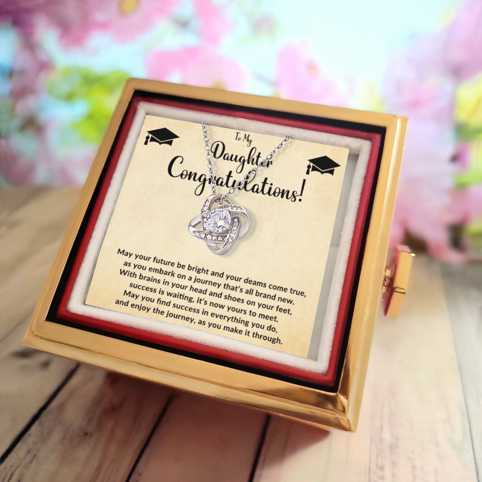 To My Daughter – Graduation Gift - Love Knot Necklace with Rotating Rose Jewelry Box - Mallard Moon Gift Shop