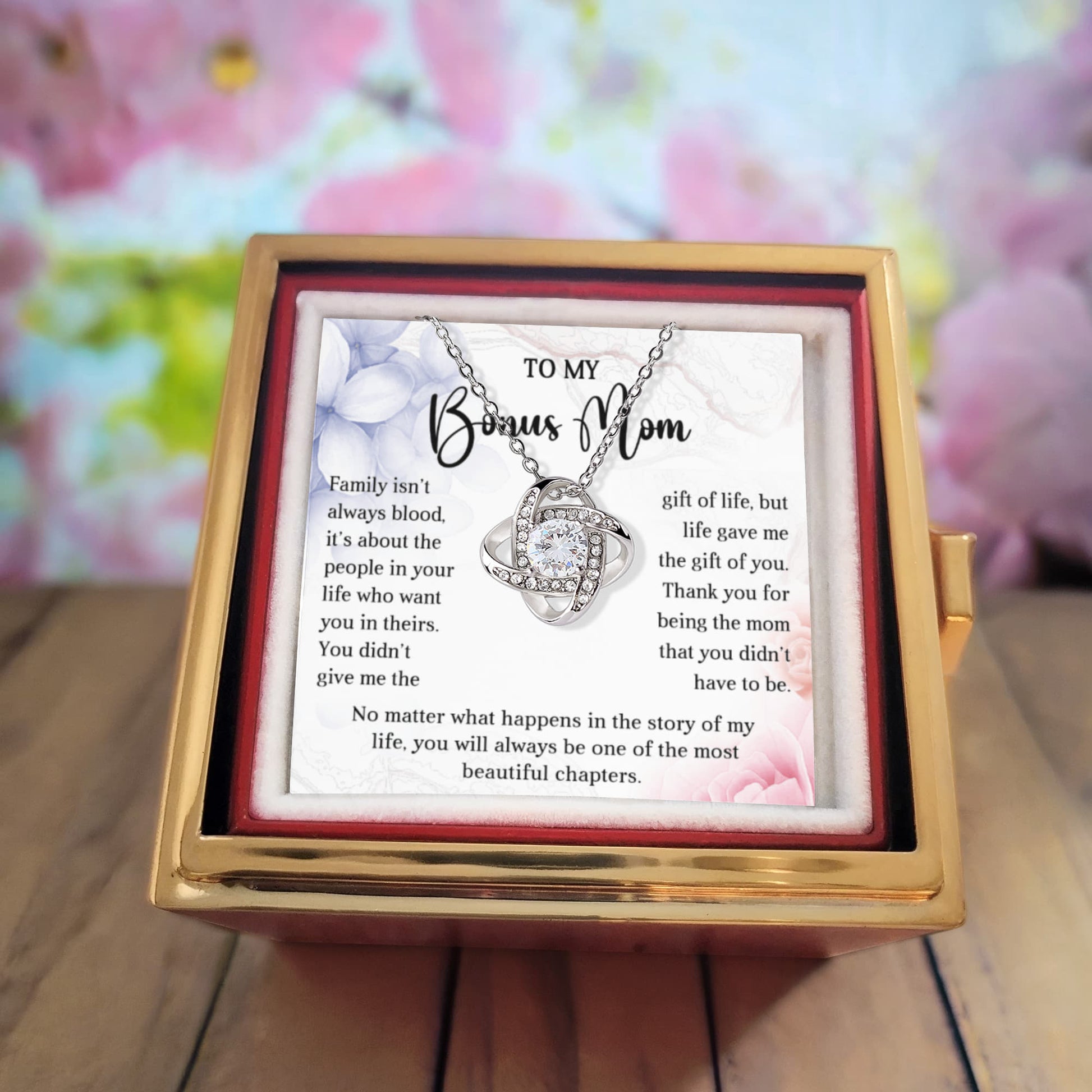 Gift for Your Bonus Mom - Beautiful Chapter - Love Knot Necklace with Rose Gift Gox - Mallard Moon Gift Shop