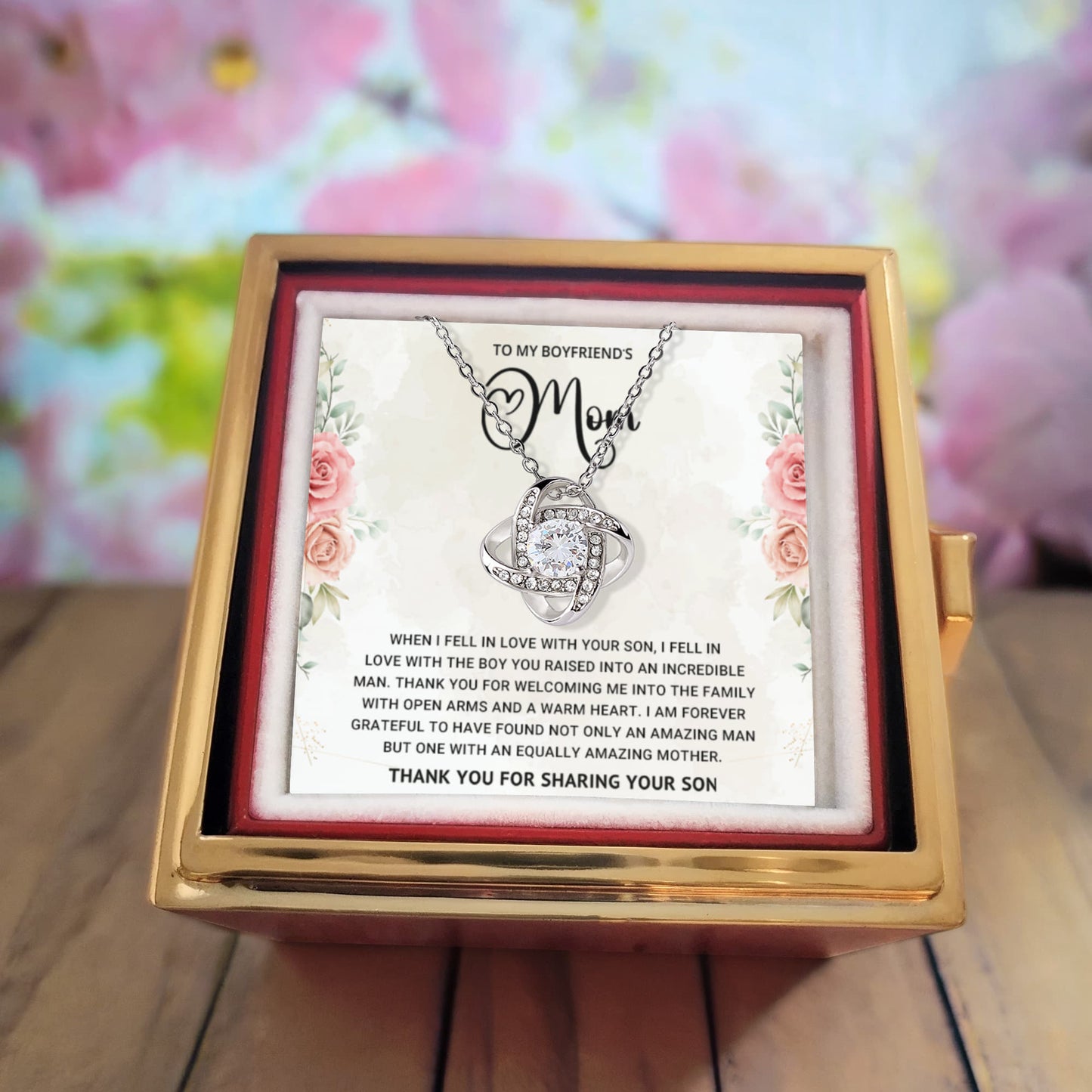 To My Boyfriend's Mom - Thank You For Sharing Your Son - Love Knot Necklace with Rose Gift Box - Mallard Moon Gift Shop