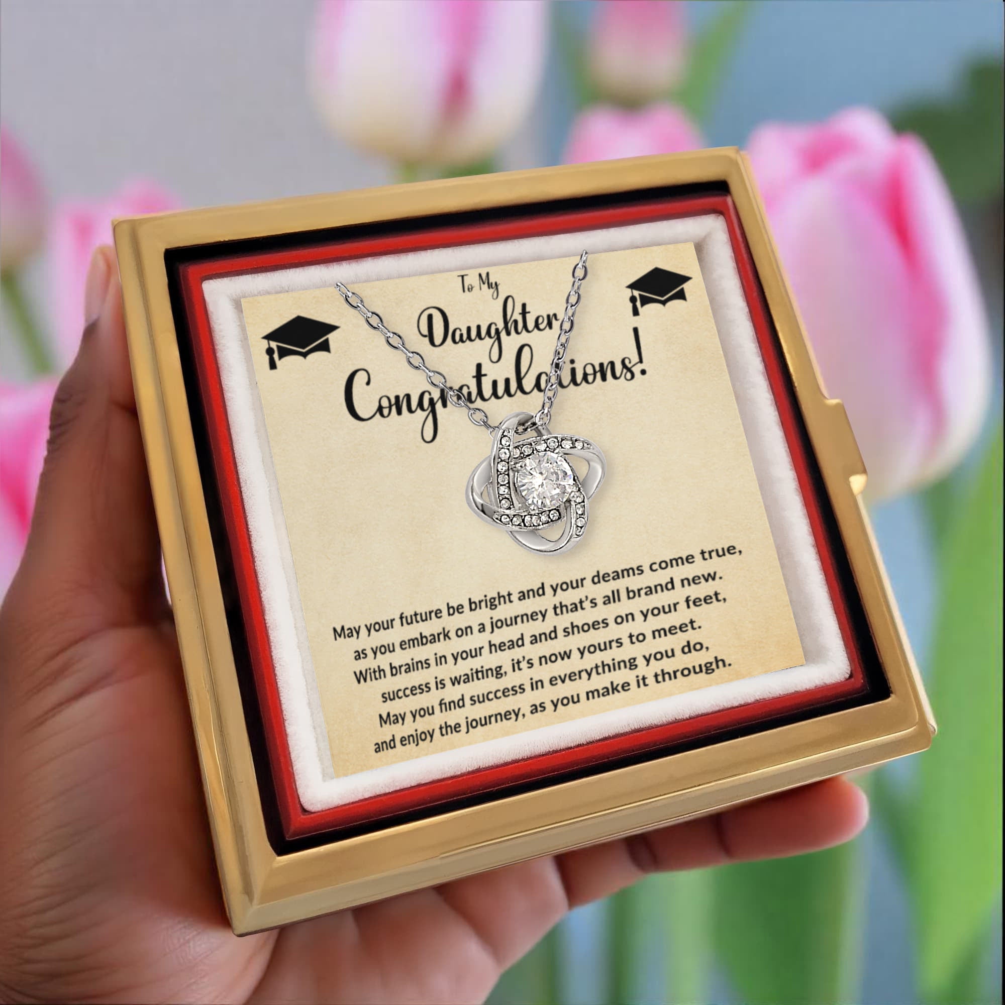 To My Daughter – Graduation Gift - Love Knot Necklace with Rotating Rose Jewelry Box - Mallard Moon Gift Shop