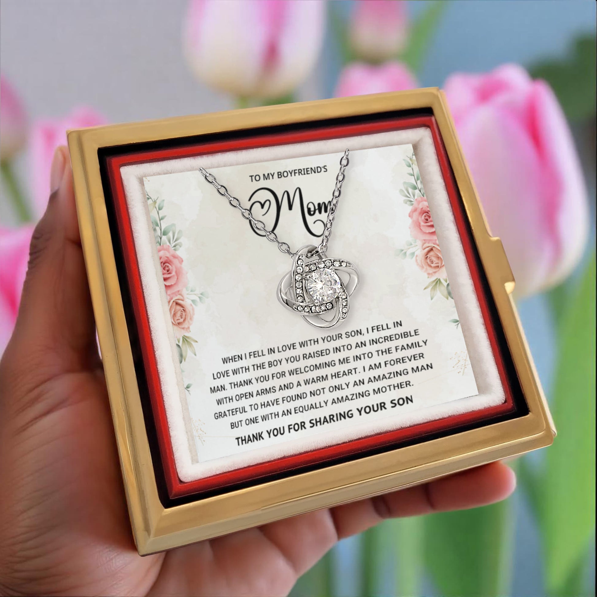 To My Boyfriend's Mom - Thank You For Sharing Your Son - Love Knot Necklace with Rose Gift Box - Mallard Moon Gift Shop
