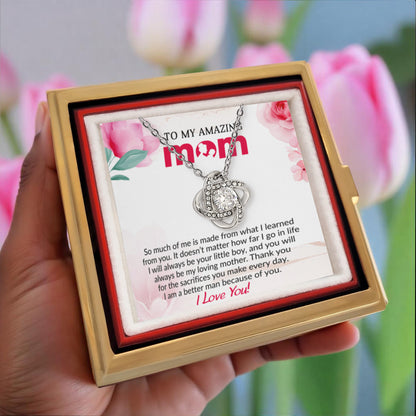 To My Mom - Because of You - Love Knot Necklace with Rose Gift Box from Son - Mallard Moon Gift Shop