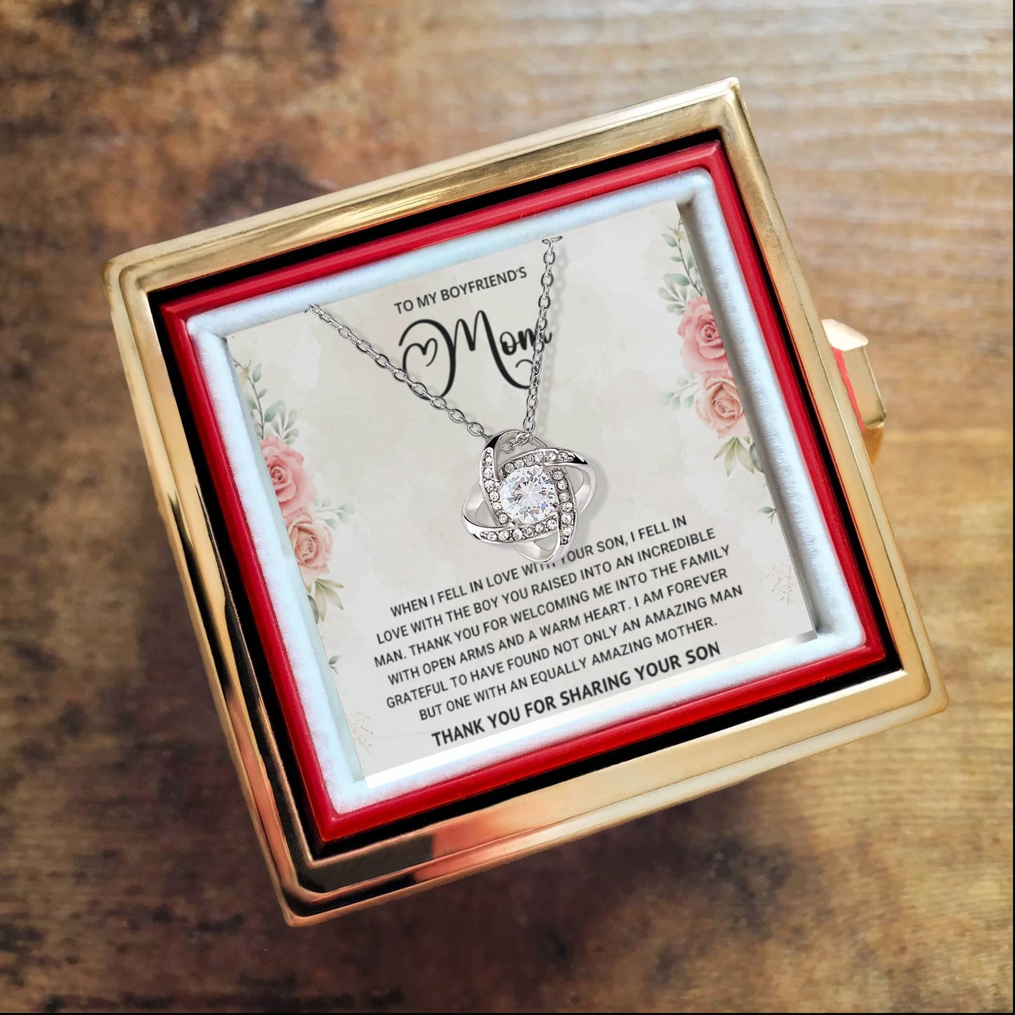 To My Boyfriend's Mom - Thank You For Sharing Your Son - Love Knot Necklace with Rose Gift Box - Mallard Moon Gift Shop