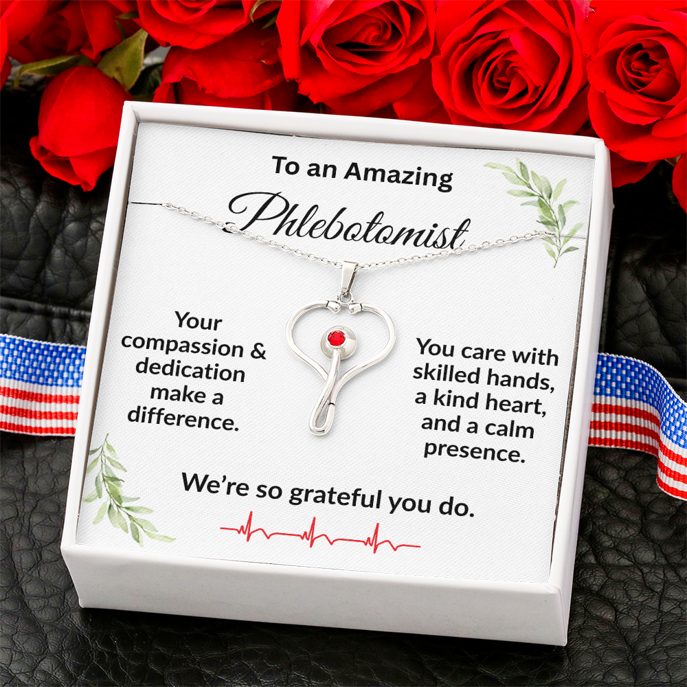 Personalized Stethoscope Heart Necklace with Custom Title – Appreciation Gift for Phlebotomist, Nurse, or Medical Professional - Mallard Moon Gift Shop