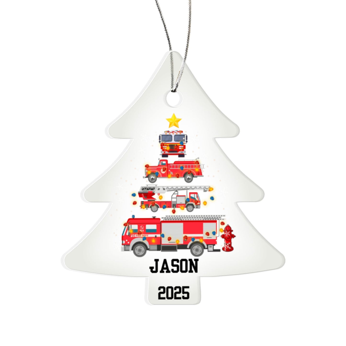 Personalized Firetruck Christmas Tree Ornament – Custom Name Firefighter Holiday Acrylic Keepsake 2025