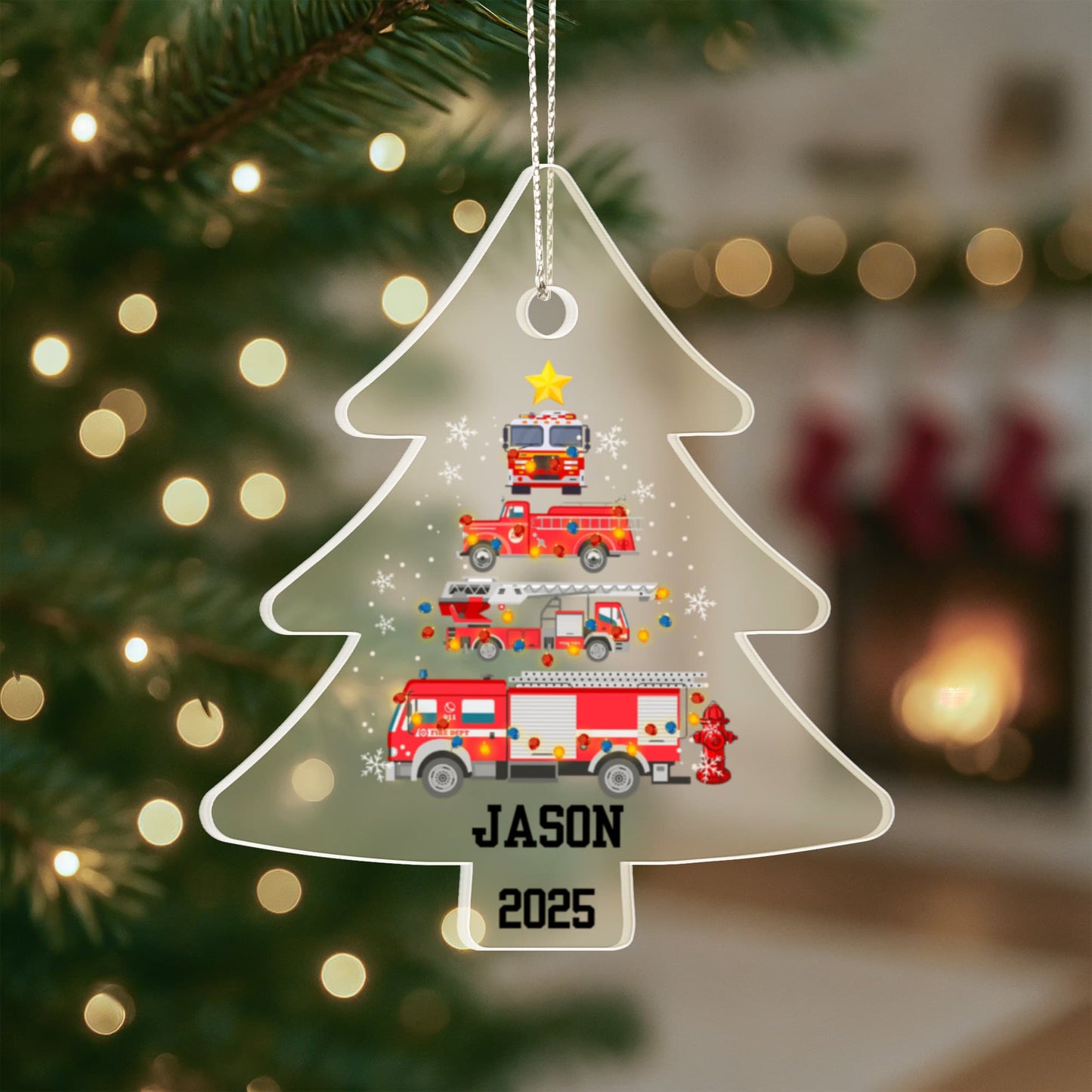 Personalized Firetruck Christmas Tree Ornament – Custom Name Firefighter Holiday Acrylic Keepsake 2025
