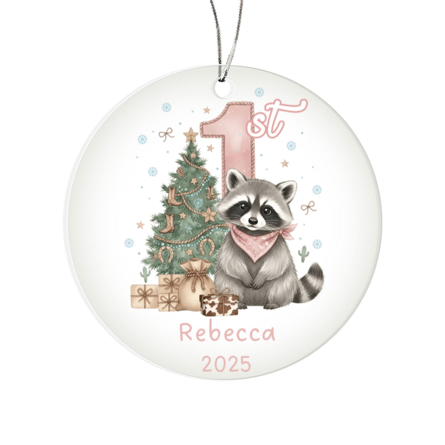 Baby Girl First Christmas Raccoon Western Style Acrylic Ornament – Personalized Name and Year – Holiday Keepsake – 3” Clear Round Ornament for Newborns, Infants