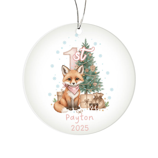 Baby's First Christmas Cute Fox Girl's Western Style Acrylic Ornament – Personalized Name and Year – Holiday Keepsake – 3” Clear Round Ornament for Newborns, Infants