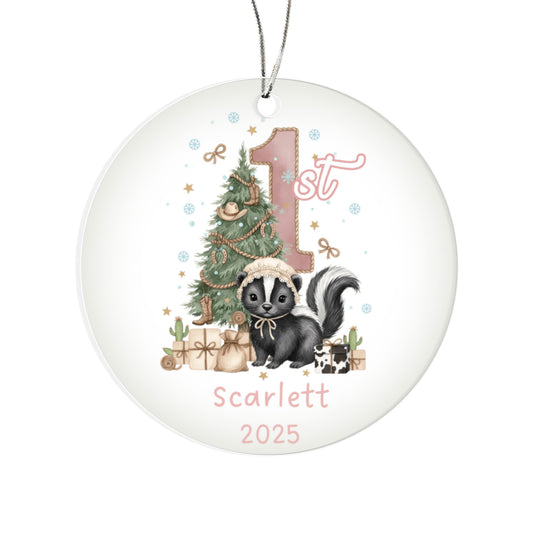 Baby's First Christmas Cute Skunk Girl's Western Style Acrylic Ornament – Personalized Name and Year – Holiday Keepsake – 3” Clear Round Ornament for Newborns, Infants
